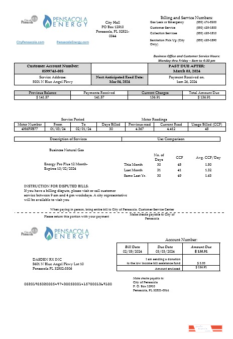 USA Florida Pensacola Energy business utility bill template in Word and PDF formats